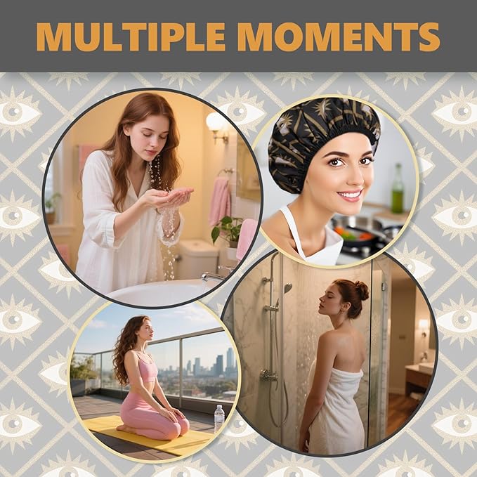 Years Calm Evil Eye Shower Caps for Women Reusable Waterproof, Pattern and Solid Color Dual-Layer Design, Hair Cap for Shower with Elastic Band, Fits Braids, Dreadlocks & Long Hair (Black)