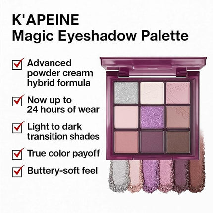 K'APEINE 9 Colors Eyeshadow Palette, Purple Glitter Pink Matte Eye Shadow Brown Nude Eye Makeup Palette Shimmer Sparkly Eyeshadow Kit for Women Cosplay Halloween Ursula Witch Costume Parties-purple