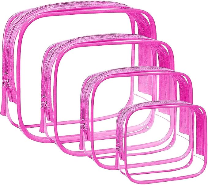 4 Pack Clear Makeup Bags, TSA Approved Toiletry Bag Car Organizer Travel Cosmetic Case Portable Travel Essentials Bags for Toiletries Clear Summer Beach Bag Carry on Airport Airline Compliant Bag