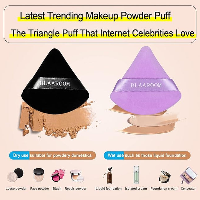 BLAAROOM 6 Pieces Powder Puff Face Makeup Velour Soft Triangle Powder Puffs - for Loose Powder Mineral Powder Body Powder Wet Dry Cosmetic Foundation Sponge Makeup Tool - Black & Purple
