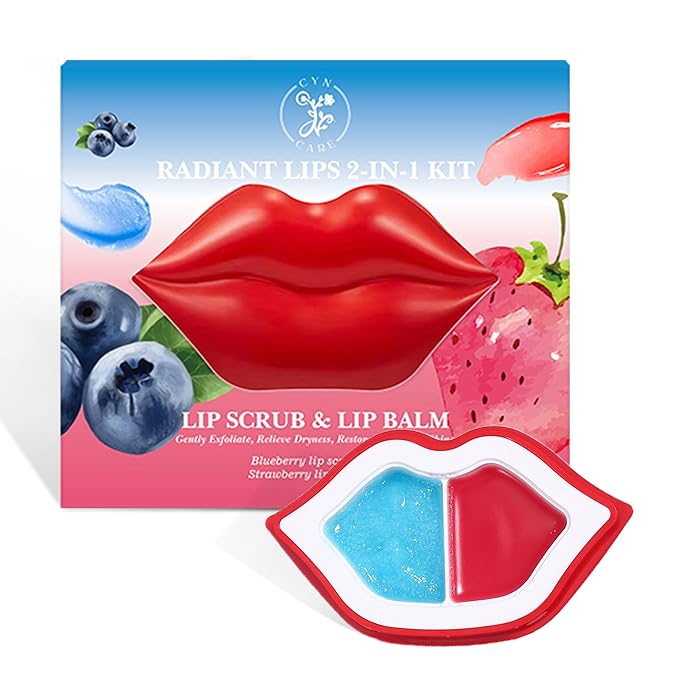 2 in 1 Lip Care Kit with Blueberry Lip Scrubber Exfoliator 28g and Strawberry moisturizing lips balm 20g – lip lightening for dark lips, Dry, Chapped, Cracked Lips (48g)