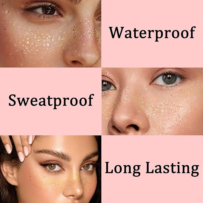 6PCS Glod Glitter Freckle Face Tattoo, Gold Freckles Temporary Face Tattoos, Gold Freckle Tattoo, Body Face Glitter for Women Girls, Waterproof Long-Lasting Party, Festival, Concert Makeup Accessories