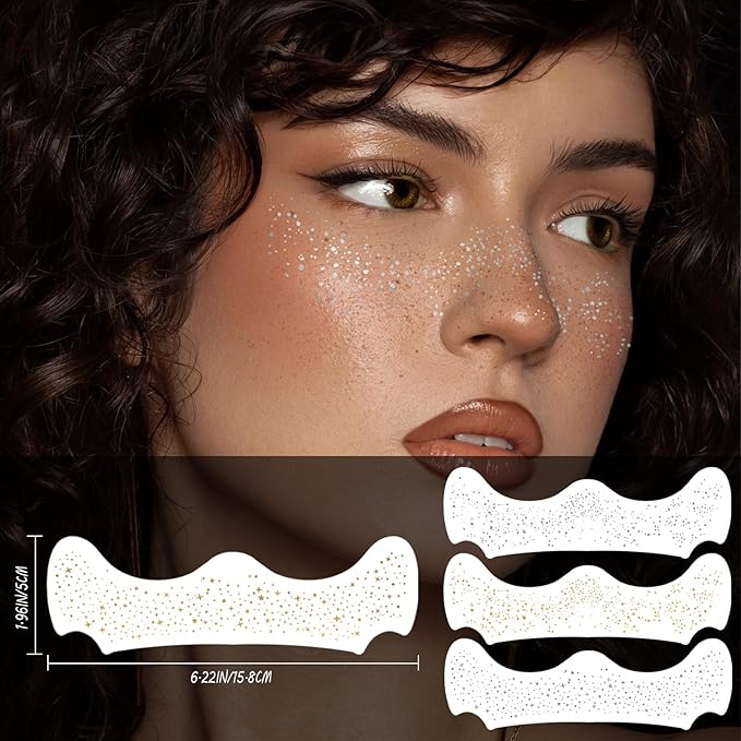Face Glitter Freckles Tattoo, Glitter Face Makeup Patches, Body Glitter Sparkle Freckles Stickers for Women Kid, Festival Concert Carnival Party Halloween Decor Accessories, 24PCS Gold Silver