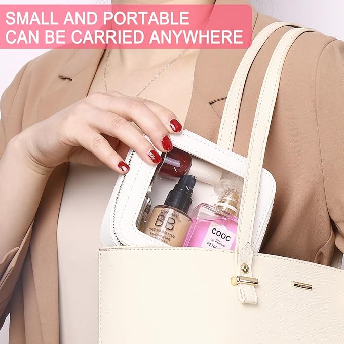 Pinkmik Small Makeup Bag Mini Clear Cosmetic Makeup Case & Toiletry Bag with Zipper Women's Purse Organizer & Car Essentials (White, MINI)