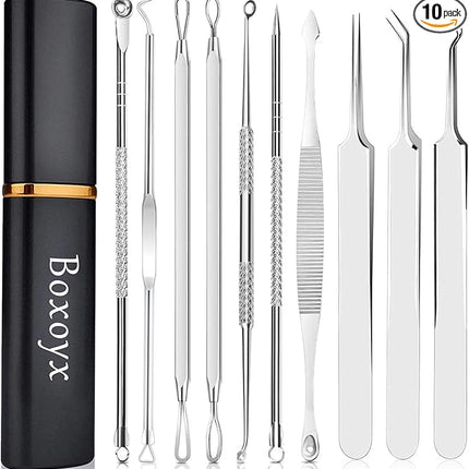 Pimple Popper Tool Kit - Boxoyx 10 Pcs Blackhead Remover Comedone Extractor Kit with Metal Case for Quick and Easy Removal of Pimples, Blackheads, Zit Removing, Forehead,Facial and Nose(Silver)