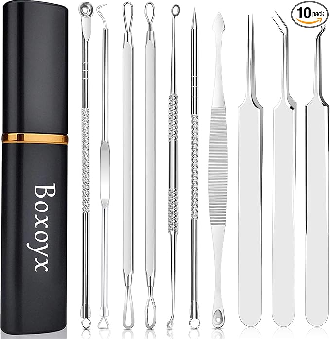 Pimple Popper Tool Kit - Boxoyx 10 Pcs Blackhead Remover Comedone Extractor Kit with Metal Case for Quick and Easy Removal of Pimples, Blackheads, Zit Removing, Forehead,Facial and Nose(Silver)