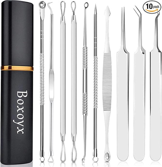 Pimple Popper Tool Kit - Boxoyx 10 Pcs Blackhead Remover Comedone Extractor Kit with Metal Case for Quick and Easy Removal of Pimples, Blackheads, Zit Removing, Forehead,Facial and Nose(Silver)