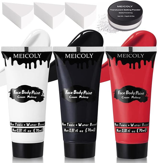 MEICOLY Black White Red Face Body Paint with Setting Powder and Sponges,Clown White Devil Joker Face Paint Makeup,Waterbased Body Paint,Halloween Face Painting for Vampire Skeleton Spiderman