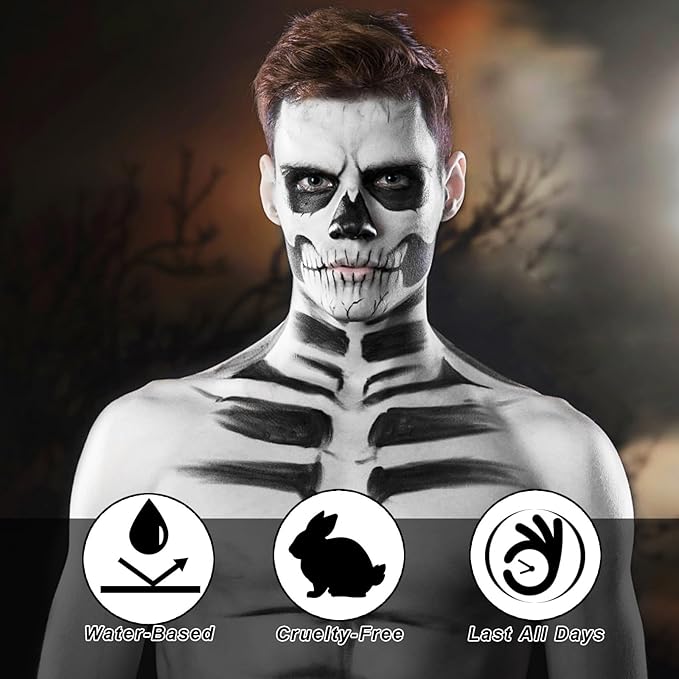 Black White Face Body Paint 1.01 oz/pc with 2 Sponges,Water Based Cream Face Paint for Clown Zombie Vampire Skeleton Cosplay Makeup,Halloween SFX Makeup Face Painting Kit,2.02 oz