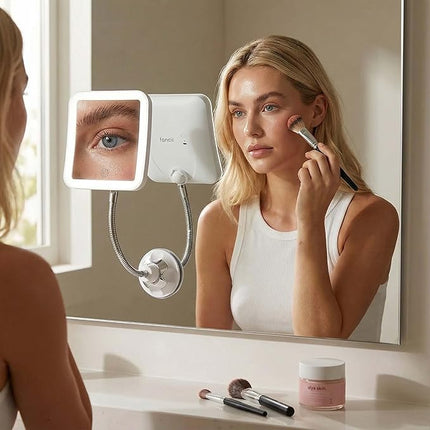Fancii 10x Flexible Magnifying Mirror with 3 LED Light Settings, Rechargeable - Gooseneck Lighted Makeup Mirror for Bathroom, Locking Suction Mount, Cordless, 360° Rotatable (Mira 2 Plus)