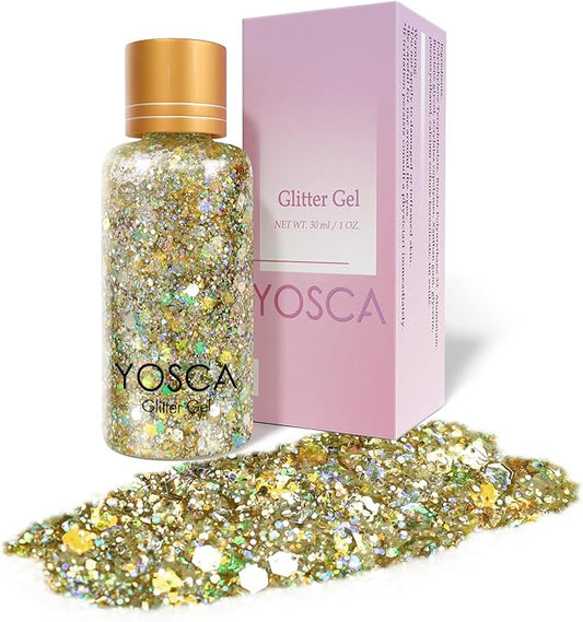 Yosca Body Glitter Gel, 30ML Gold Chunky Face Glitter, Cosmetic Hair Glitter Lotion for Christmas Theme Makeup Party Concert Mardi Gras Rave Accessories - Morning Easter