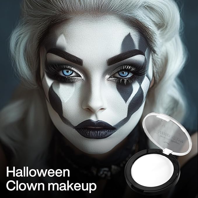 Goth White Foundation Makeup, White Face Body Paint High Coverage Cream to Powder, Waterproof Face Painting Makeup for Clown Zombie Halloween Costume, Professional Greasepaint for Stage SFX Cosplay
