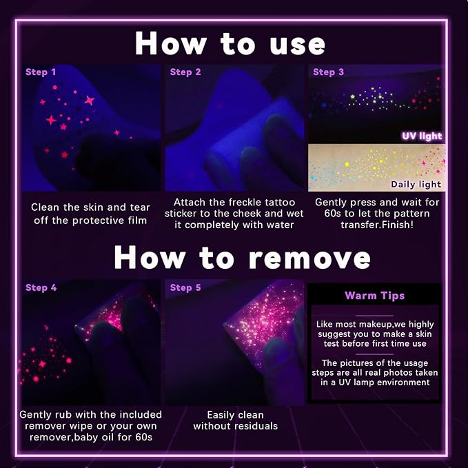 6pcs Rainbow Freckles Face Tattoo Sticker Glow under UV Light Blacklight in the Dark, Neon Fluorescent Glitter Colorful Star Fake Faux Freckle Temporary Patches Makeup for Party Supplies #02