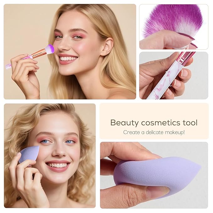 30 Pcs Makeup Brush Set with 12 Pcs Blending Sponge & Mirror - Premium Synthetic Kabuki Foundation Powder Concealer Eyeshadow Blush Brushes Kit - Cosmetic Tools (Purple 30 Pcs Set)