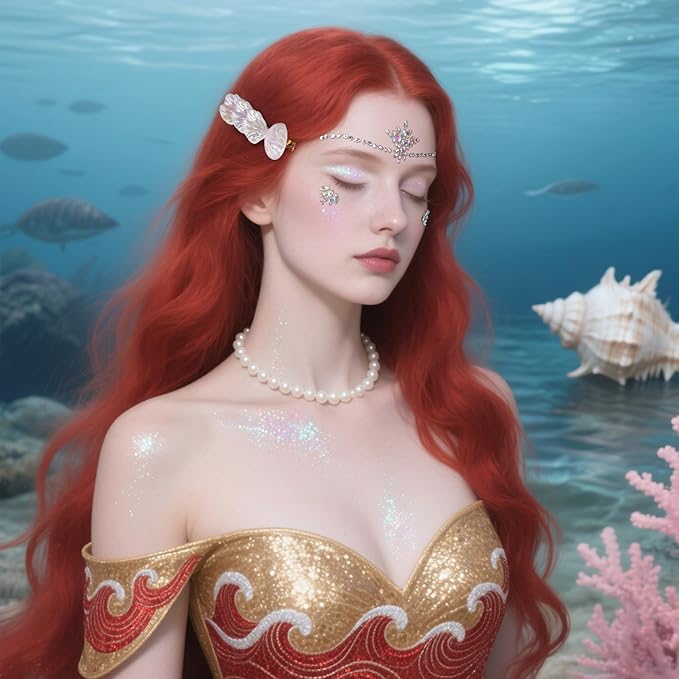 Wehhbtye 7 Pcs Mermaid Hair Clips Face Gems Glitter, Starfish Hair Clip Glitter Stickers and Gel, Mermaid Costume Accessories Set for Women Girl Cosplay Halloween Beach Theme Party Supplies