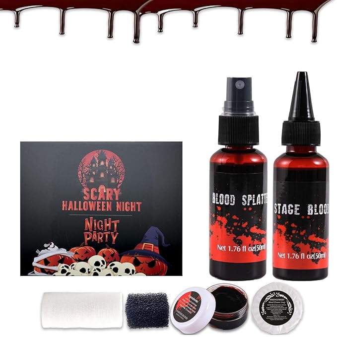 6PCS Halloween Fake Blood Makeup Kit，Washable for Scar Wound and Clothes Realistic Face Paint Wounds Costume Blood For Vampire, Zombie, Clown Cosplay Red，Stipple Sponge ， Cleansing Soap and Gauze