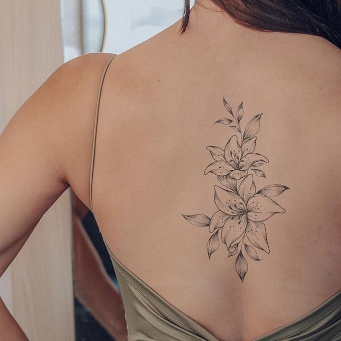 Lily Outline Temporary Tattoos – Large Black & White Floral Vine Tattoo, Waterproof & Long Lasting 2 Weeks, Realistic Floral Fake Tattoos for Women