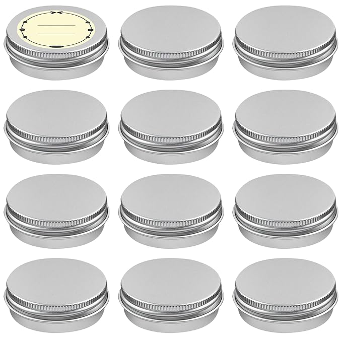 TUZAZO 12Pack 1 Oz Aluminum Tin Cans with Screw Lid and Labels, Refillable Travel Sized Cosmetic Containers Small Tins for Salves, Lotion Bars, Beard Balms, Candles