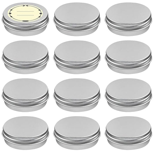 TUZAZO 12Pack 1 Oz Aluminum Tin Cans with Screw Lid and Labels, Refillable Travel Sized Cosmetic Containers Small Tins for Salves, Lotion Bars, Beard Balms, Candles
