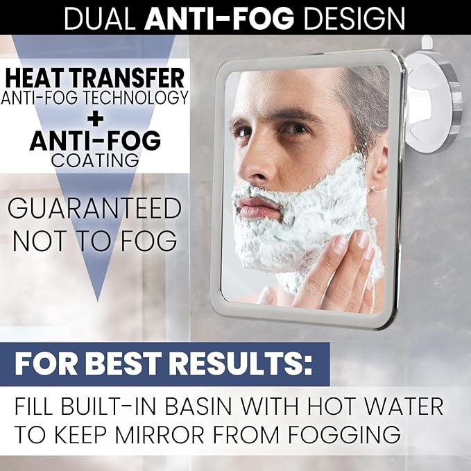 MIRRORVANA Fogless Shower Mirror for Shaving with Upgraded Suction, Dual Anti Fog Design, Shatterproof Surface & 360° Swivel, 8" x 7" Chrome