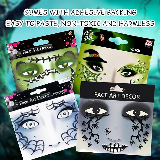 4 Pcs Halloween Face Gems Jewels, Day of the Dead Rhinestone Face Jewels Terrible Spider and Scar,Glitter Face Stickers for Women Halloween Rave Party Cosplay
