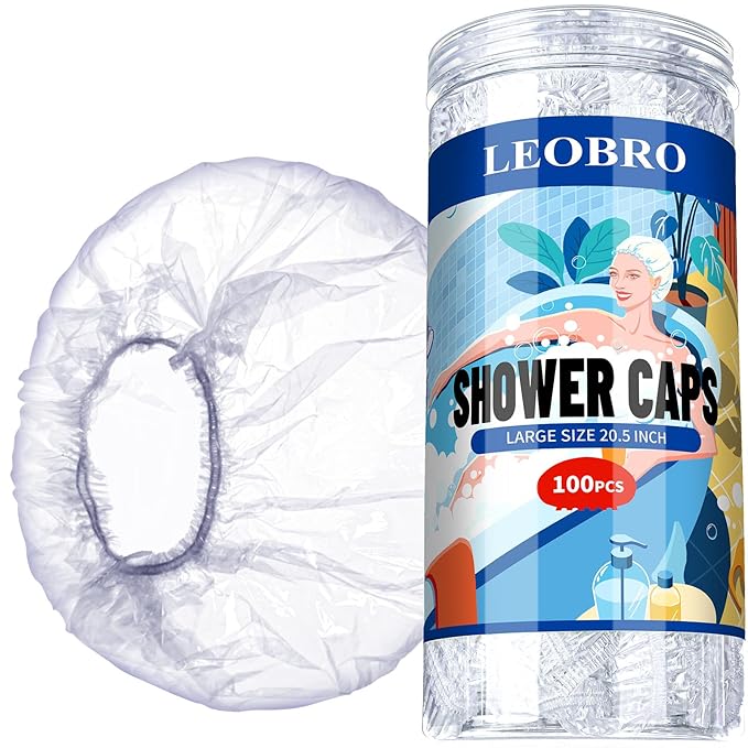 LEOBRO Large Disposable Shower Cap, 100PCS Shower Cap, Plastic Shower Caps for Women Disposable, Clear Thick Plastic Caps for Hair Treatment, Large Size 20.5 INCH