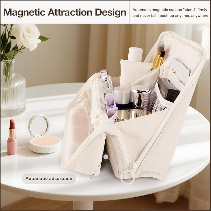 Abiudeng Standing Travel Makeup Bag Stand up Make up Bag Travel Toiletry Bag with Multiple Compartments Large Capacity for Women Business Trips Fitness and Daily Commutes (White)