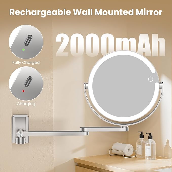 Wall Mounted Lighted Makeup Mirror - 8" Rechargeable Double Sided 20X/1X Magnifying Vanity Mirror with 3 Color Lights, Touch Dimmable, 360° Swivel & Extendable Arm for Women
