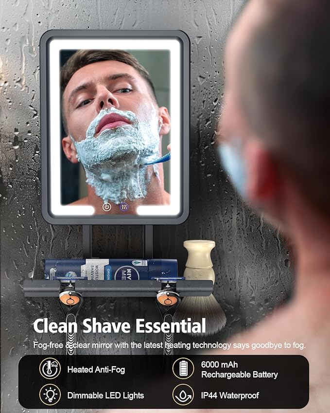 Lighted Shower Mirror Fogless for Shaving, Heated Fogless Shower Mirror with 3 Colors Stepless Dimmable Lights, Rechargeable Adjustable Shaving Mirror with Razor Stand, Brush Holder for Men