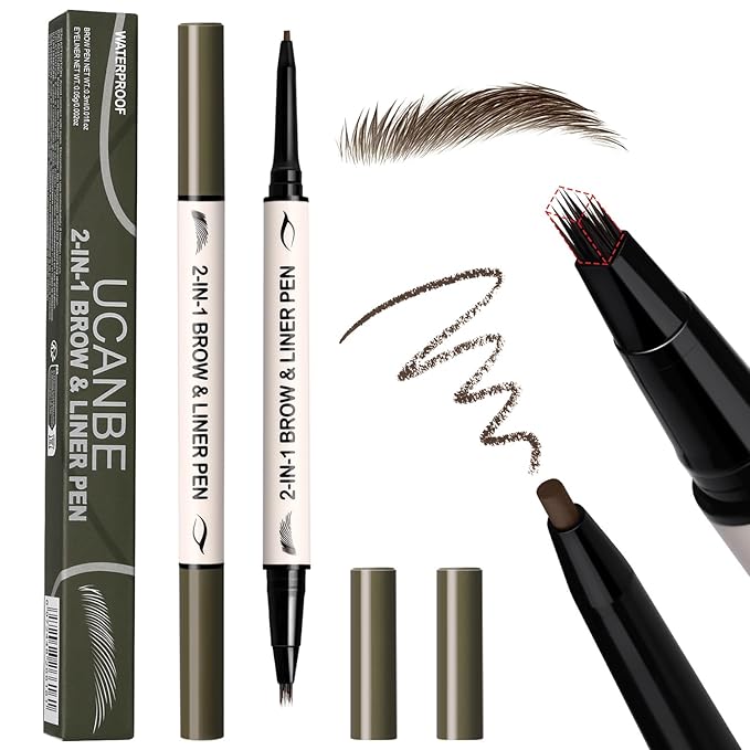 UCANBE 2-in-1 Eyebrow Pen & Gel Eyeliner Pencil – Microblading Eye Brow Pencil with Brow-Fection Angled Brush Tip + 1.5mm Ultra-Fine Eye Liner, Waterproof, Quick-Dry, Long Lasting (Dark Brown)