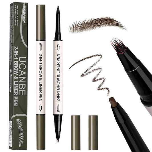 UCANBE 2-in-1 Eyebrow Pen & Gel Eyeliner Pencil – Microblading Eye Brow Pencil with Brow-Fection Angled Brush Tip + 1.5mm Ultra-Fine Eye Liner, Waterproof, Quick-Dry, Long Lasting (Dark Brown)