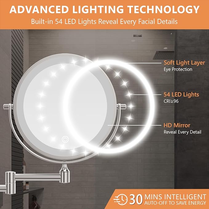 1X/30X Wall Mounted Makeup Mirror with Light, 8" Rechargeable Double-Sided Magnifying Mirror, Vanity Mirror Dimmable 3 Color Light, 360° Extension Rotation Foldable 14.5 Inch Arm, Chrome