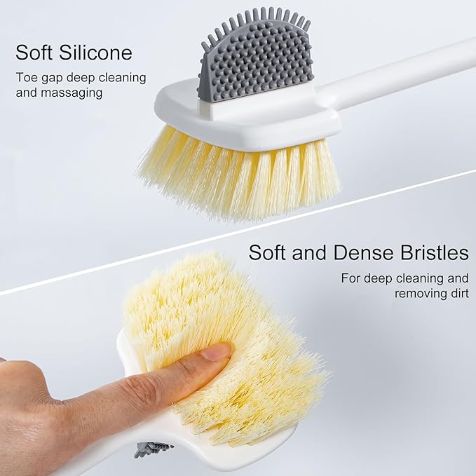 Foot Scrubber Toe Cleaning Brush, Shower Foot Scrubber with Long Handle, Double-Sided Silicone and Soft Bristle Brush for Skin Exfoliation, Seniors, Adults, Purple