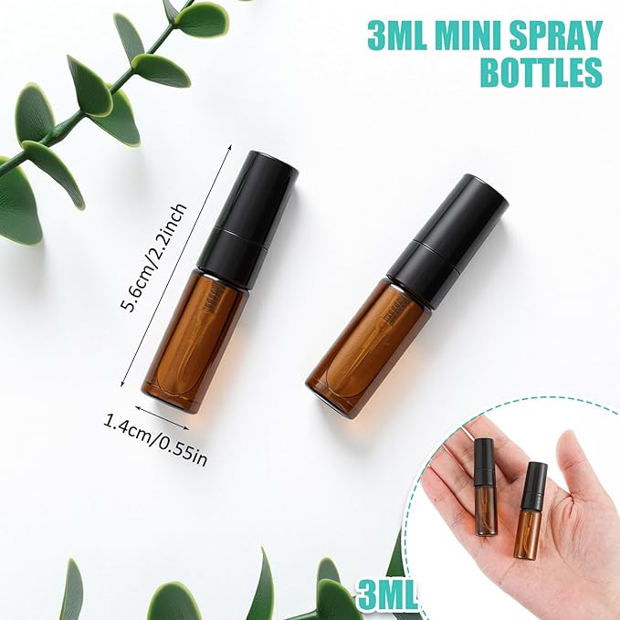 Zhehao 50 Pcs Mini Spray Bottles 3ml Clear Glass Perfume Bottles Refillable Fine Mist Perfume Atomizer Portable Empty Sample Containers for Cleaning, Essential Oils, Travel (Amber)