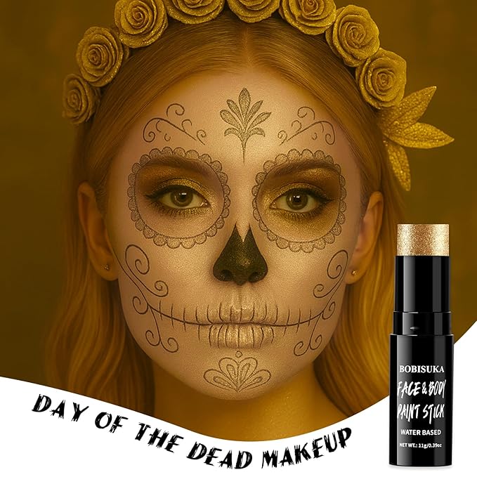 BOBISUKA Metallic Gold Face & Body Paint Stick Water-Based Washable Face Paint Makeup Stick for Halloween Skeleton, Skull, Robot, Goth, Fox,, Cosplay, SFX, Sports Eye Black & Costume Party