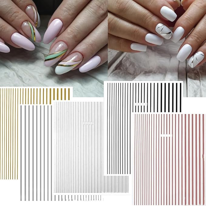 Gold Silver Lines Stripe Nail Art Sticker Decals 3D Metal Strip French Design Nail Decals Self-Adhesive Nail Art Supplies Colored Geometric Waved Manicure Slider for Women DIY Nail Art Decoration Kits