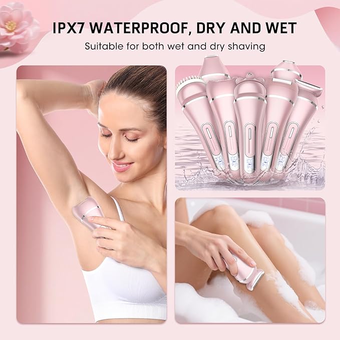 Electric Shavers for Women, 7 in 1 Hair Removal Kit with Epilator Bikini Trimmer Face Razor Body Brush Face Massager Foot Callus Remover, IPX7 Waterproof Lady Razors Set for Legs Armpit Bikini Pubic