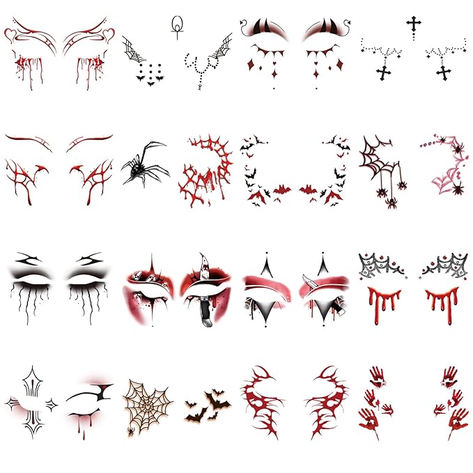 16 Sheets Halloween Face Temporary Tattoo, Spiders Web Bats Skulls Bloody Palm Upper & Lower Lash Realistic Designs Scary Motifs Tattoos for Men & Women Cosplay Party & Festive Face Makeup Decoration