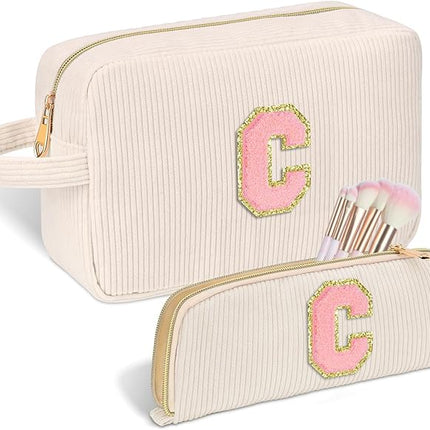Personalized Initial Makeup Bag Trendy Stuff Corduroy Cosmetic Bag Travel Toiletry Bag, Valentine’s Day Gift Makeup Organizer Case & Makeup Pouch for Women Teen Girls Mom Girlfriend Wife