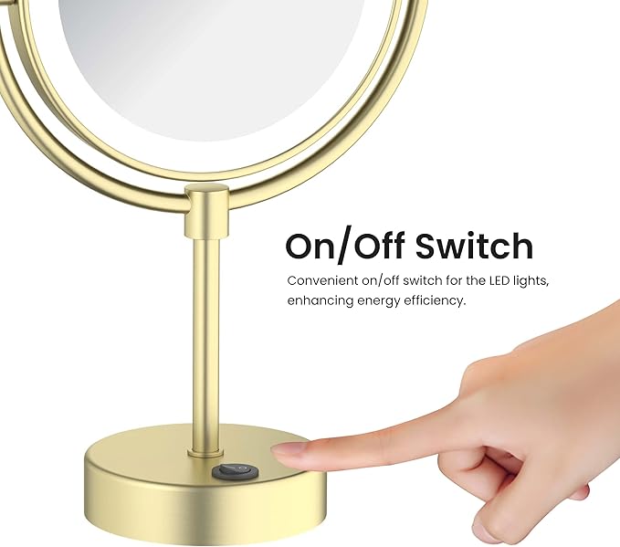 KIBI Circular Lighted Makeup Mirror with LED Lights and Magnification | 360-Degree Swivel with Adjustable Brightness, Dual-Sided Mirror for Desk with 5X Magnification (Brushed Gold Finish, KMM104)