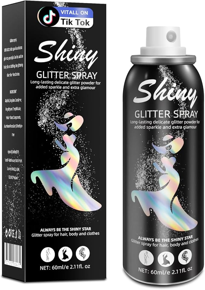 Body Glitter, Body Glitter Spray, Glitter Spray for Hair and Body, Long-Lasting and Quick-Drying Silver Glitter Hairspray Suitable for Stage, Festival Rave and Makeup Prom (2.11 Fl Oz)