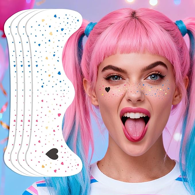 HQ Joker Freckles Face Tattoo - Pink & Blue Temporary Tattoos with Sinister Smiles | Waterproof Face Makeup for Halloween Costume, Zombie Party & Cosplay (8 Sheets)