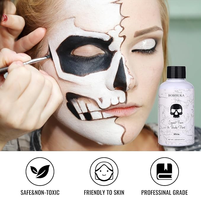 BOBISUKA White Face Body Paint Liquid Texture Washable Non Toxic Facepaint Fast Drying Foundation Makeup for Halloween Clown Skeleton Skull Cosplay SFX Costume Party Large Capacity(130ml)
