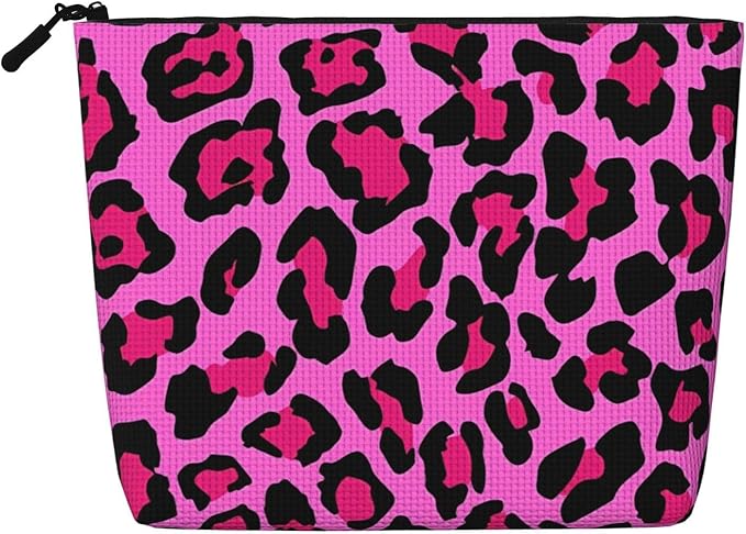 MOLAIGIN Cheetah Pink Leopard Pattern Cool Black Cosmetic Bag For Women, Travel Makeup Bag, Toiletry Zipper Bag, Large Capacity Aesthetic Cases