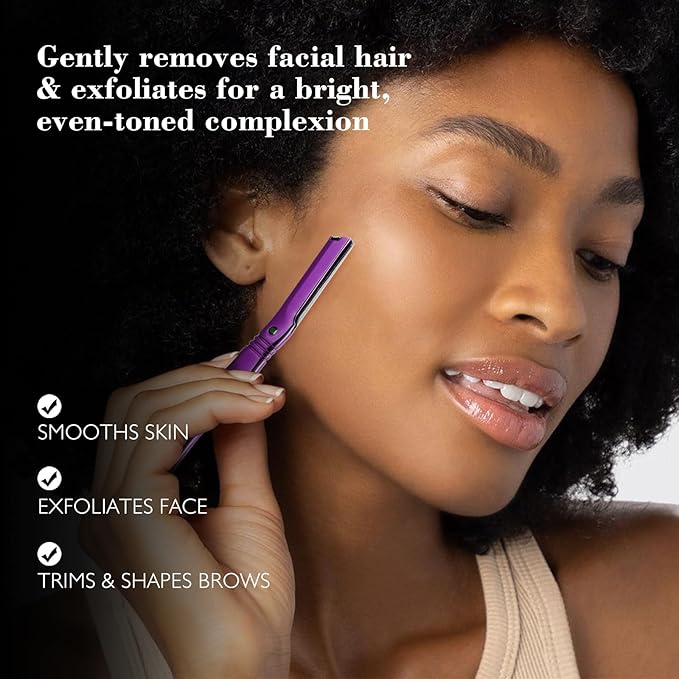 Eyebrow Razor for Women and Men, Face Razors for Women, Dermaplane Razor with Protective Silicone Cover, Reusable Metal Handle with 6 Refill Blades, Skin Care Tool - Purple