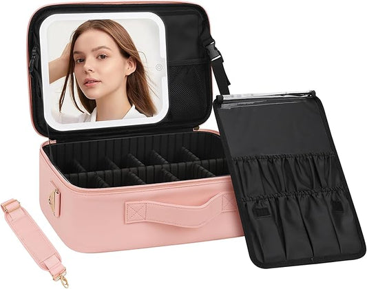 Chomeiu Makeup Bag with LED Mirror, Travel Cosmetic Train Case for Women, Makeup Artists Large Organizer Box with Vanity Light Up Mirror, 3 Color Lights, Adjustable Dividers & Shoulder Strap (Black)