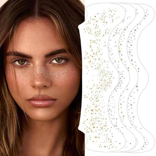 Face Glitter Freckles Tattoo, Glitter Face Makeup Patches, Body Glitter Sparkle Freckles Stickers for Women Kid, Festival Concert Carnival Party Halloween Decor Accessories, 24PCS Gold Silver