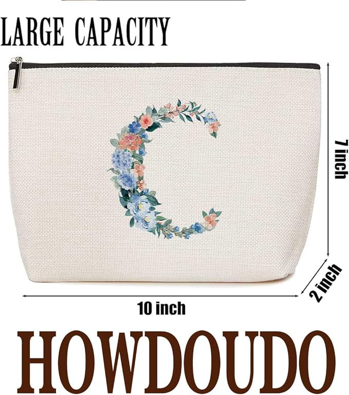 Initial Makeup Bag Monogrammed Travel Toiletry Bag Monogram Cosmetic Bag Birthday Christmas Bridal Shower Bridesmaid Gifts Personalized Gifts for Women Bride Teacher Coworker, Floral Letter C