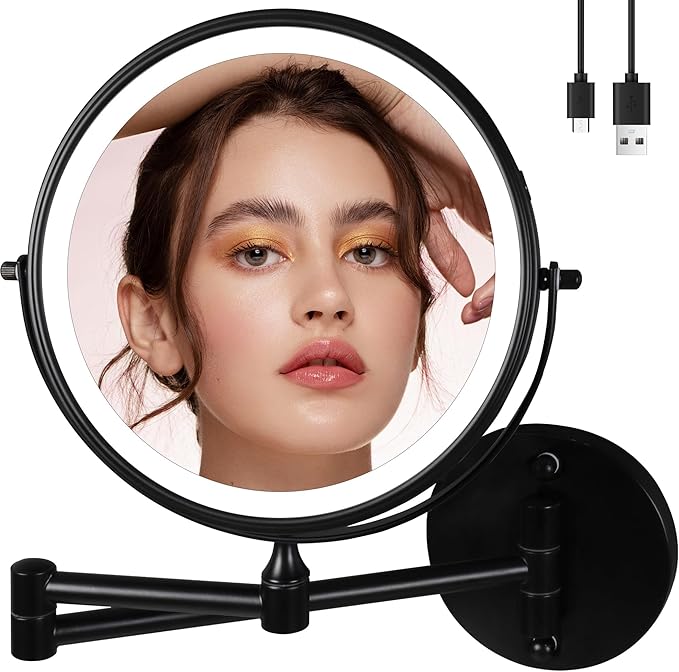 9" Large Black Wall Mount Magnifying Mirror With Light, TUSHENGTU 3000mAh Rechargeable Lighted Makeup Vanity Mirror Wall Mounted Swing Arm,10X/1X Magnifying Vanity Mirror for Bathroom 360°Double Sided
