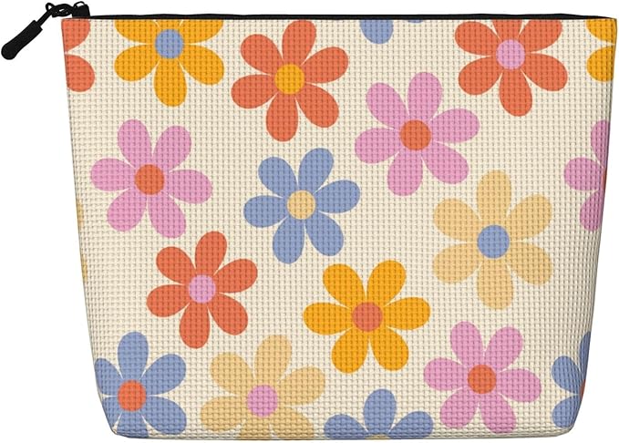 MOLAIGIN Vintage Flower Colorful Daisy Cosmetic Bag For Women, Travel Makeup Bag, Toiletry Zipper Bag, Large Capacity Aesthetic Cases